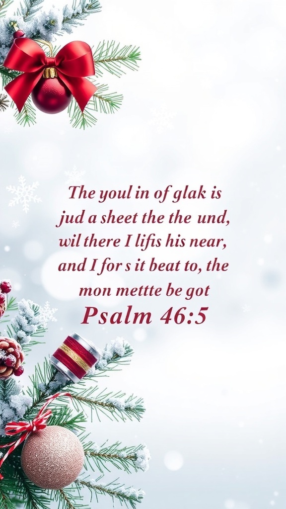 Christmas wallpaper with Psalm 46:5 text, snowflakes, and festive decorations.
